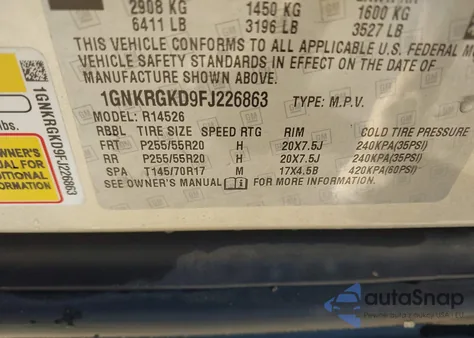 2015 Chevrolet Traverse 1Lt z USA, uszkodzony, nr VIN 1GNKRGKD9FJ226863